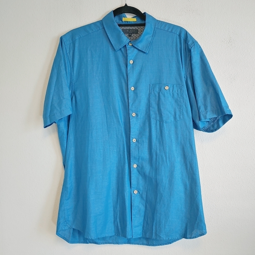 Ted Baker Men's Linen Blend Spanish Blue Short Sleeve Button Up Shirt Sz XL